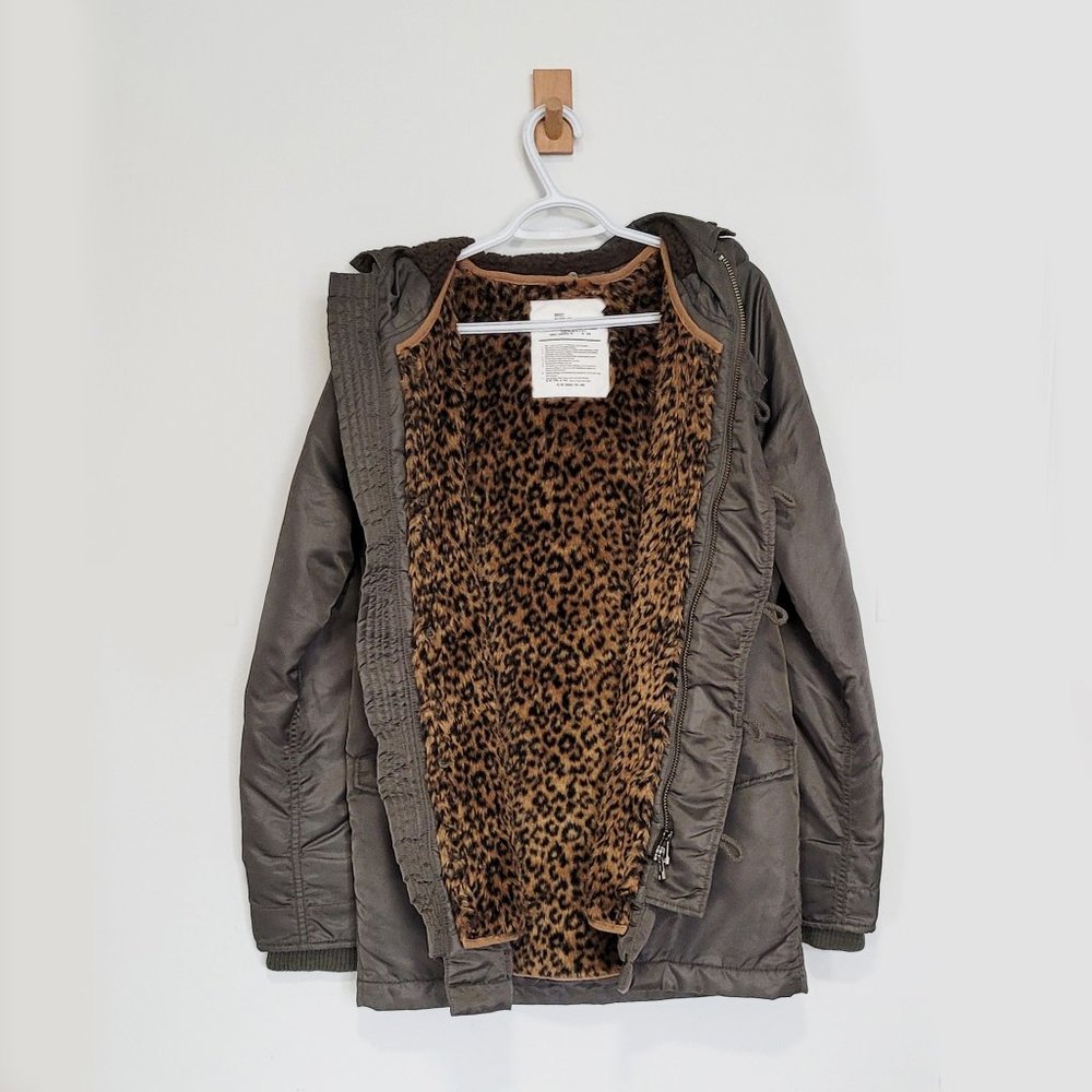 MOUSSY Military Line - Hooded Parka w Detachable Leopard Print Lining - Size 2